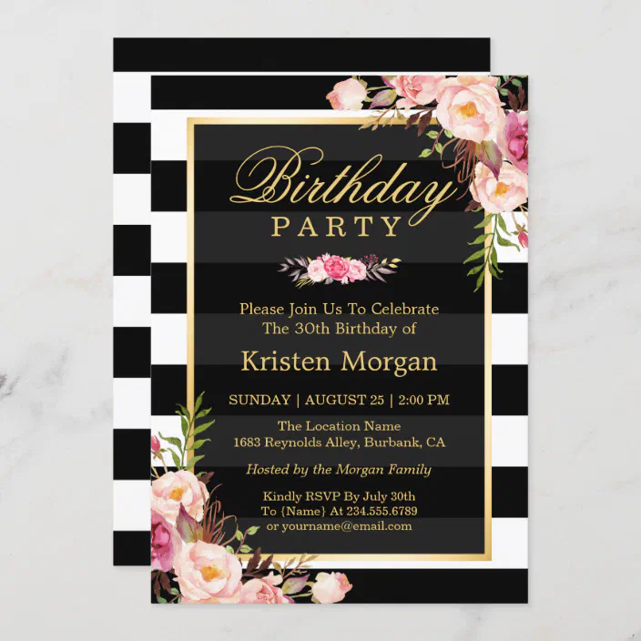 Black & White Striped Pink Flower 70th Personalised Birthday Party Invitations 