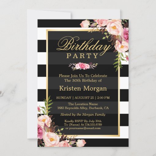 Elegant Floral Black White Stripes Birthday Party Invitation | Zazzle