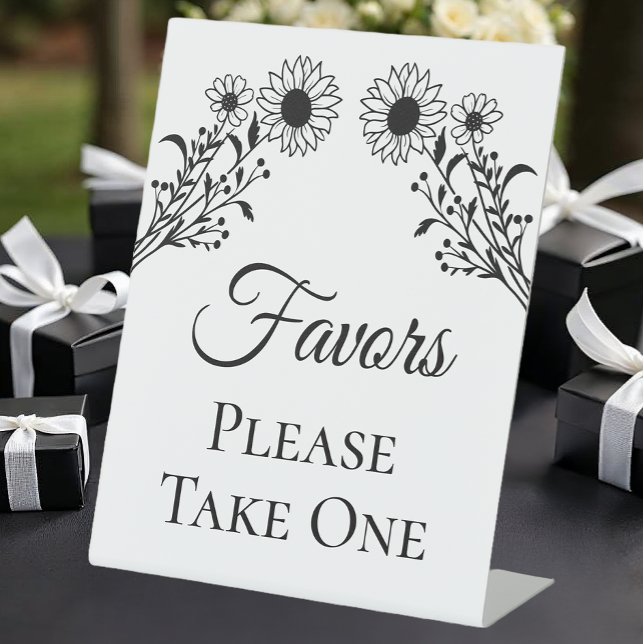 Elegant Floral Black White Sunflower Wedding Favor Pedestal Sign (Creator Uploaded)
