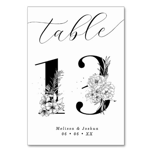 Elegant Floral Black  White Table 13 Table Number