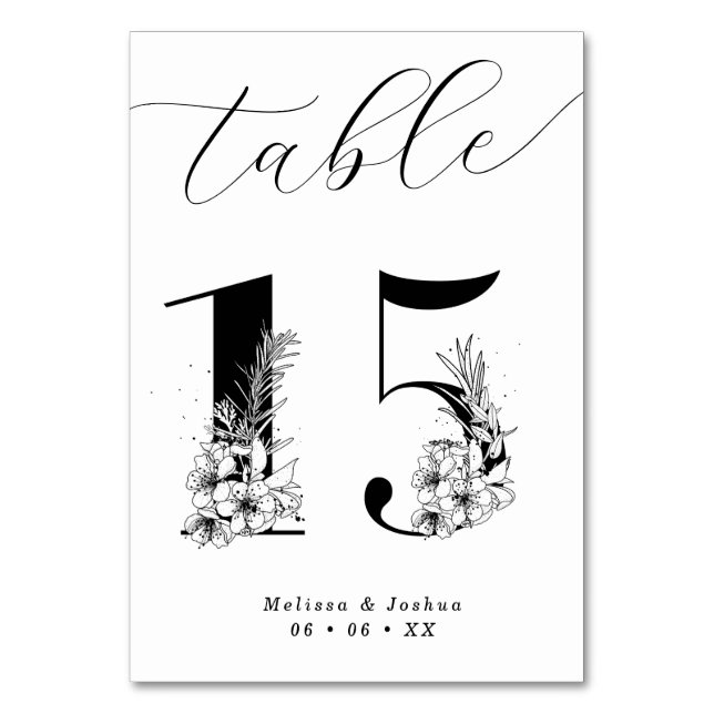 Elegant Floral Black & White Table 15 Table Number (Front)