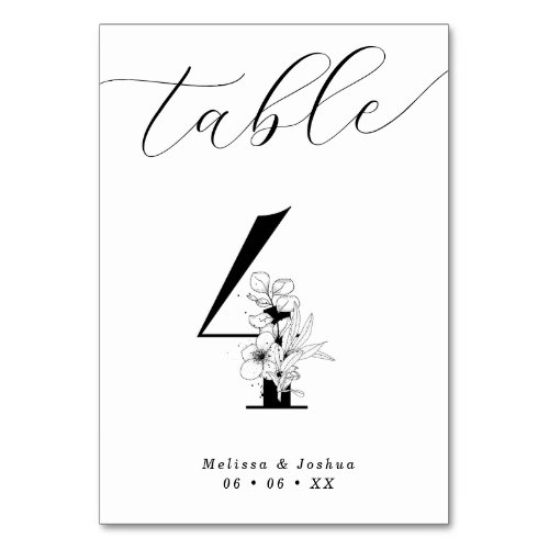 Elegant Floral Black  White Table 4 Table Number