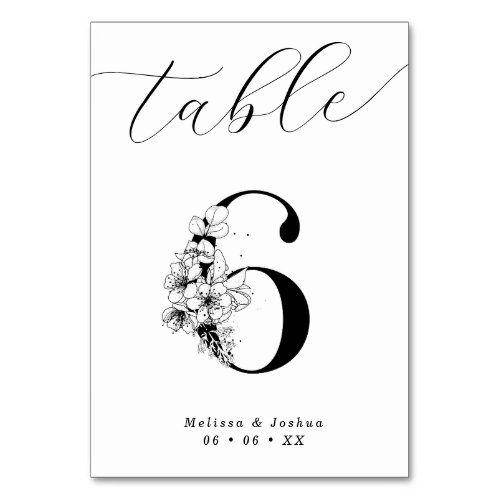 Elegant Floral Black  White Table 6 Table Number