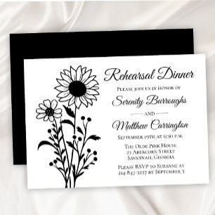 Elegant Floral Black White Wedding Rehearsal Invitation