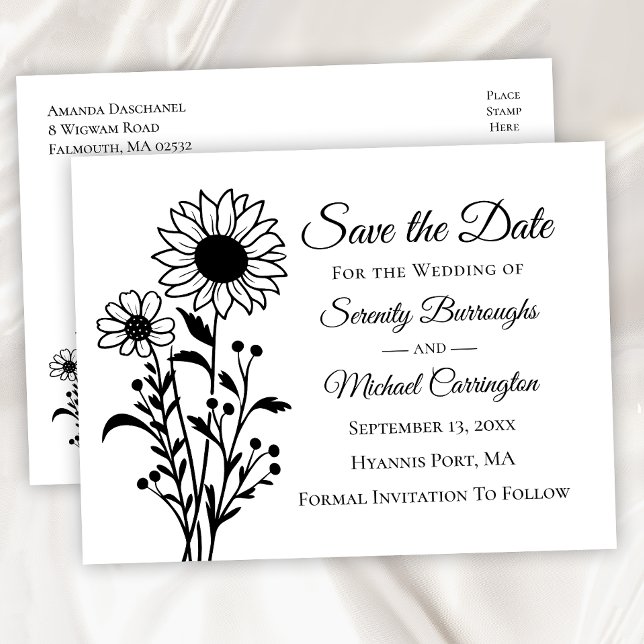 Elegant Floral Black White Wedding Save The Date  Postcard (Creator Uploaded)