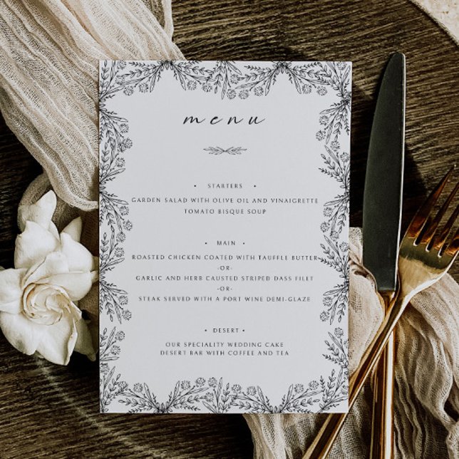 Elegant Floral Black & White Wedding Table Dinner Menu (Creator Uploaded)