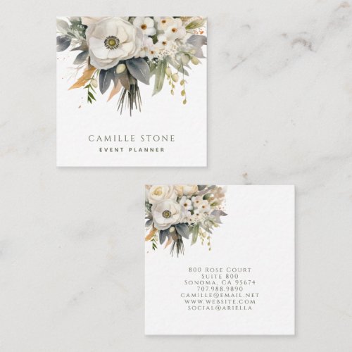 Elegant Floral Bloom Black Event Planner Square Business Card