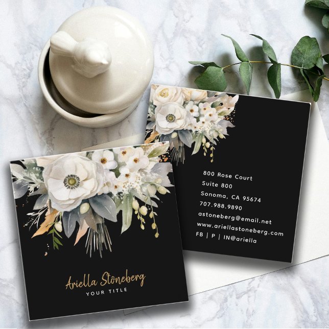 Elegant Floral Bloom Black Square Business Card (Creator Uploaded)