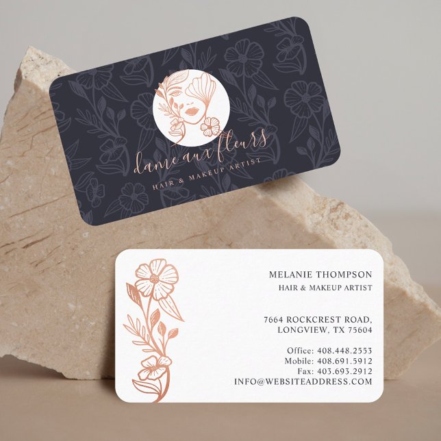 Elegant Floral Blooming Beauty Woman Logo Black Business Card (Elegant & Modern Floral Monogram Wreath Pink Business Card)