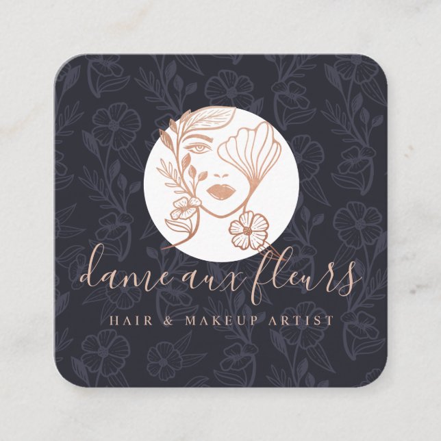 Elegant Floral Blooming Beauty Woman Logo Black Square Business Card (Front)