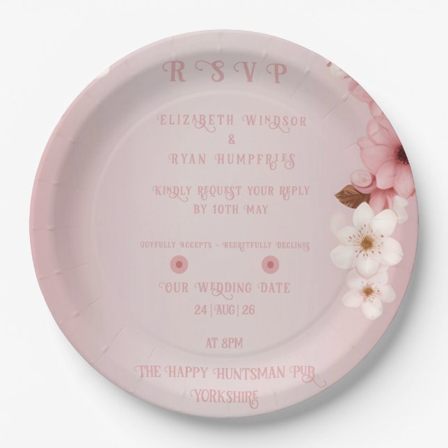Elegant Floral Blossom Wedding Invitation Design Paper Plates (Front)