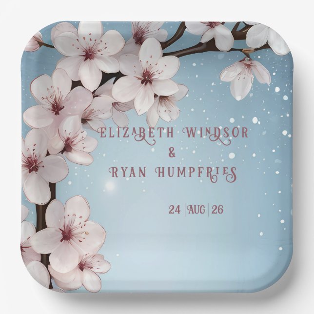 Elegant Floral Blossom Wedding Invitation Design Paper Plates (Front)