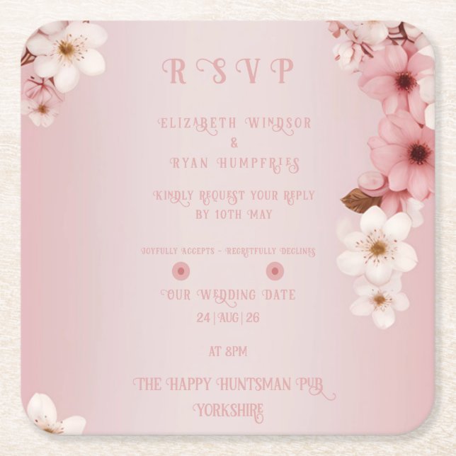 Elegant Floral Blossom Wedding Invitation Design Square Paper Coaster (Front)