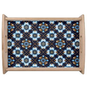 Elegant Floral Blue and Gold Pattern Serving Tray