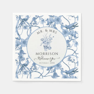 Elegant Floral Blue and White Wedding Reception Napkins