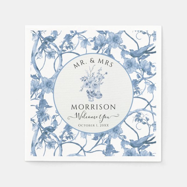 Elegant Floral Blue and White Wedding Reception Napkins (Front)
