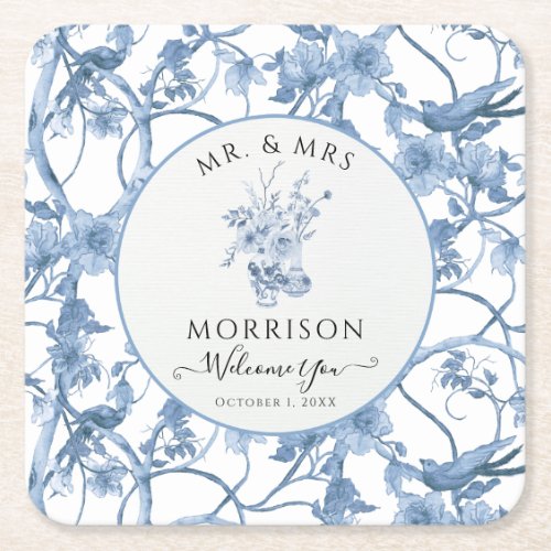 Elegant Floral Blue and White Wedding Reception Square Paper Coaster