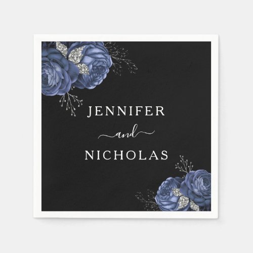 Elegant Floral Blue Black Wedding Napkins