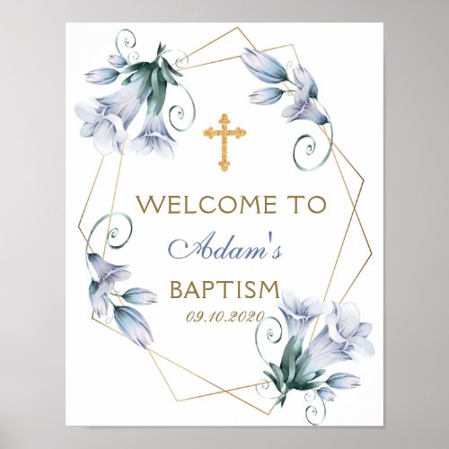 Elegant Floral Blue Boy Baptism Welcome Poster