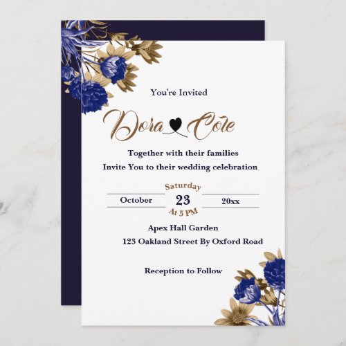 Elegant Floral Blue  Brown Watercolor Wedding Invitation