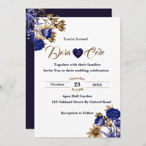 Elegant Floral Blue  Brown Watercolor Wedding Invitation