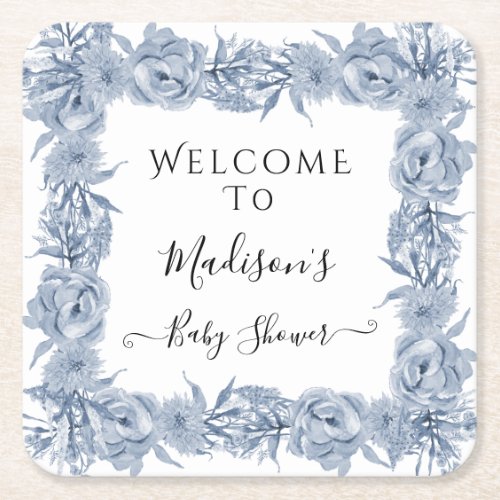 Elegant Floral Blue Chinoiserie Baby Girl Shower Square Paper Coaster