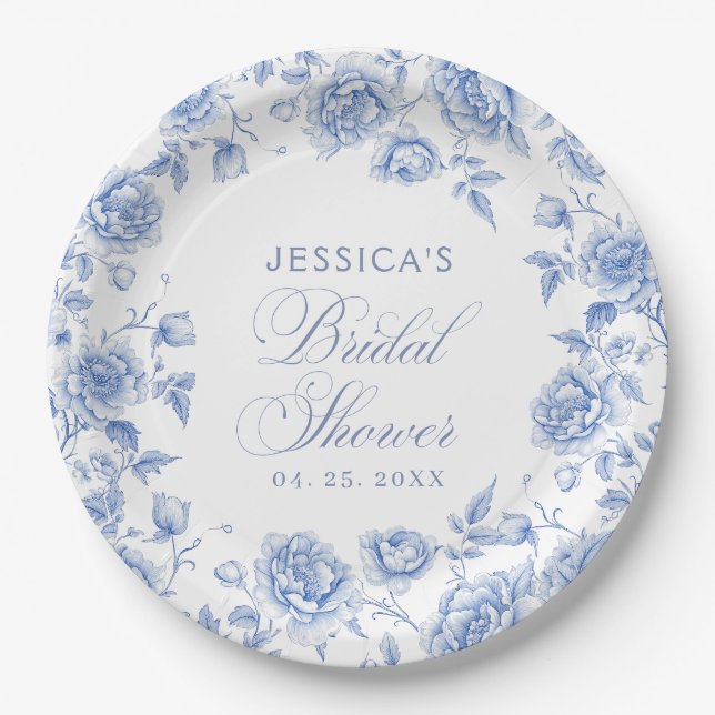 Elegant Floral Blue Chinoiserie Bridal Shower Paper Plates (Front)