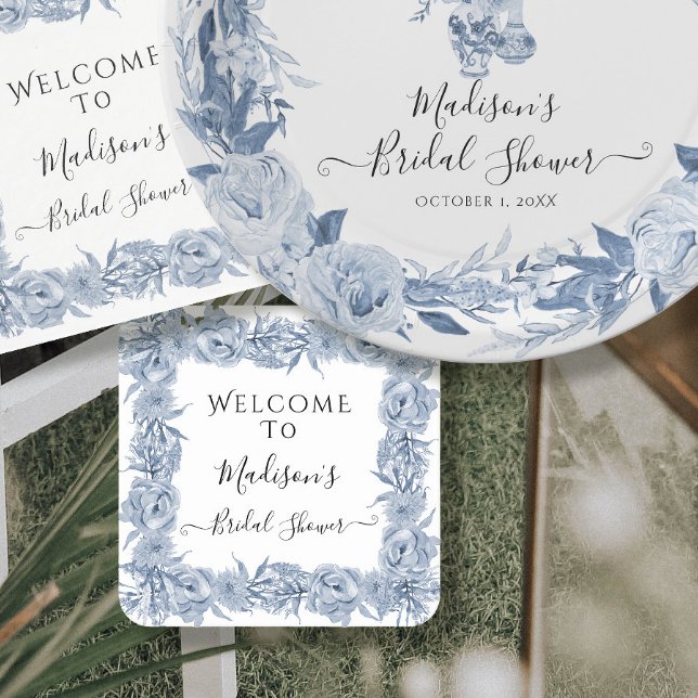 Elegant Floral Blue Chinoiserie Bridal Shower Square Paper Coaster (Creator Uploaded)