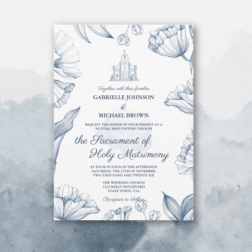 Elegant Floral Blue Church Nuptial Mass Wedding Invitation