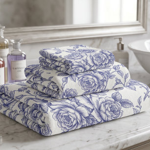 Elegant Floral Blue Cream Roses Toile de Jouy Bath Towel Set