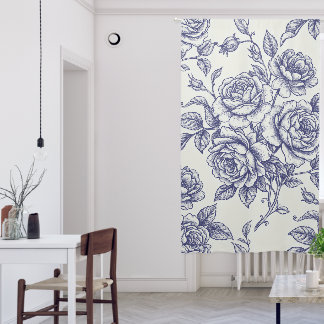 Elegant Floral Blue Cream Roses Toile de Jouy Blackout Curtains