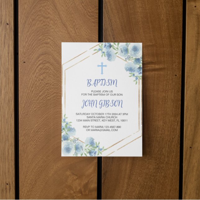 Elegant Floral Blue Cross Baptism Boy Invitation  (baptism blue cross boy invitation card)