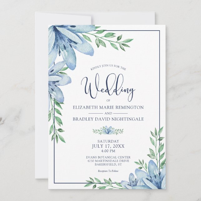 Elegant Floral Blue Flowers Greenery Wedding Invitation (Front)