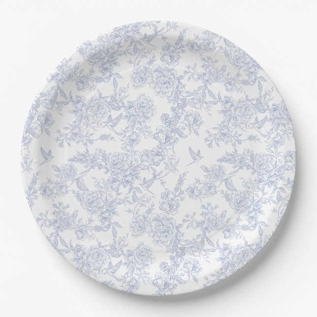Elegant Floral Blue French Toile  Paper Plates (Front)