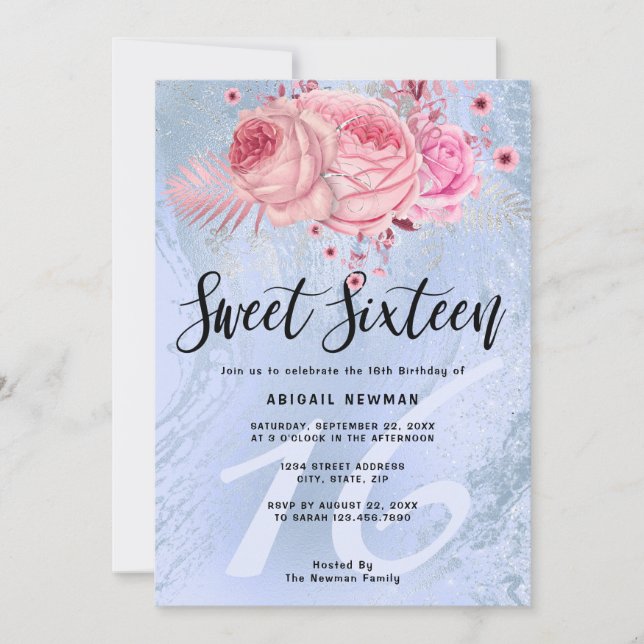 Elegant floral blue glitter marble sweet sixteen invitation (Front)