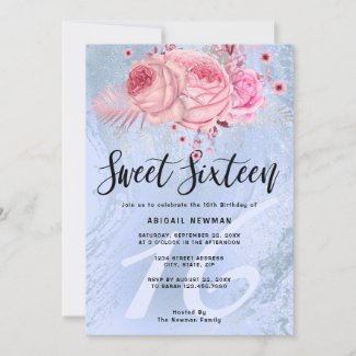 Elegant floral blue glitter marble sweet sixteen invitation