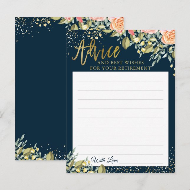 Elegant Floral Blue Gold Retirement Advice Card (Front/Back)
