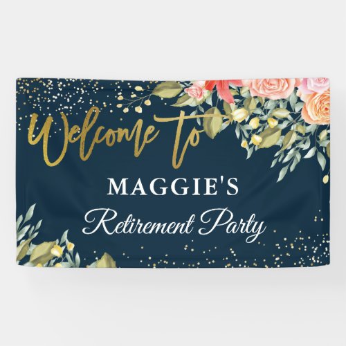 Elegant Floral Blue Gold Retirement Party Banner