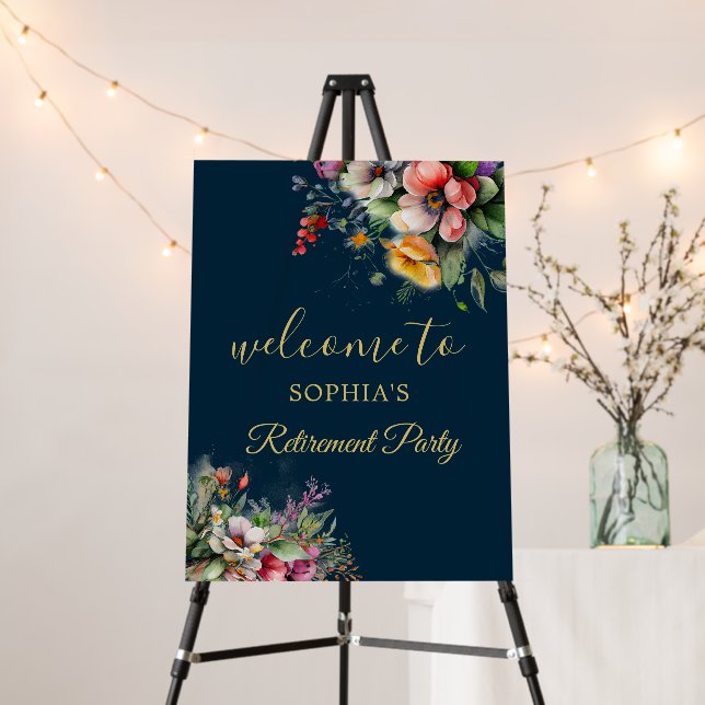 Elegant Floral Blue Gold Retirement Party Welcome Foam Board (In Situ (Stand))