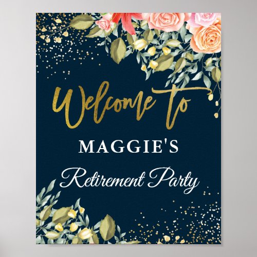 Elegant Floral Blue Gold Retirement Party Welcome Poster