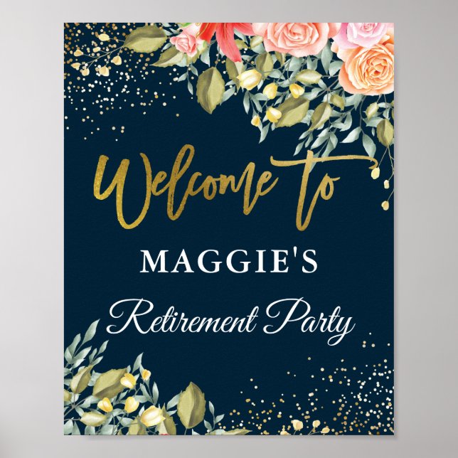 Elegant Floral Blue Gold Retirement Party Welcome Poster (Front)
