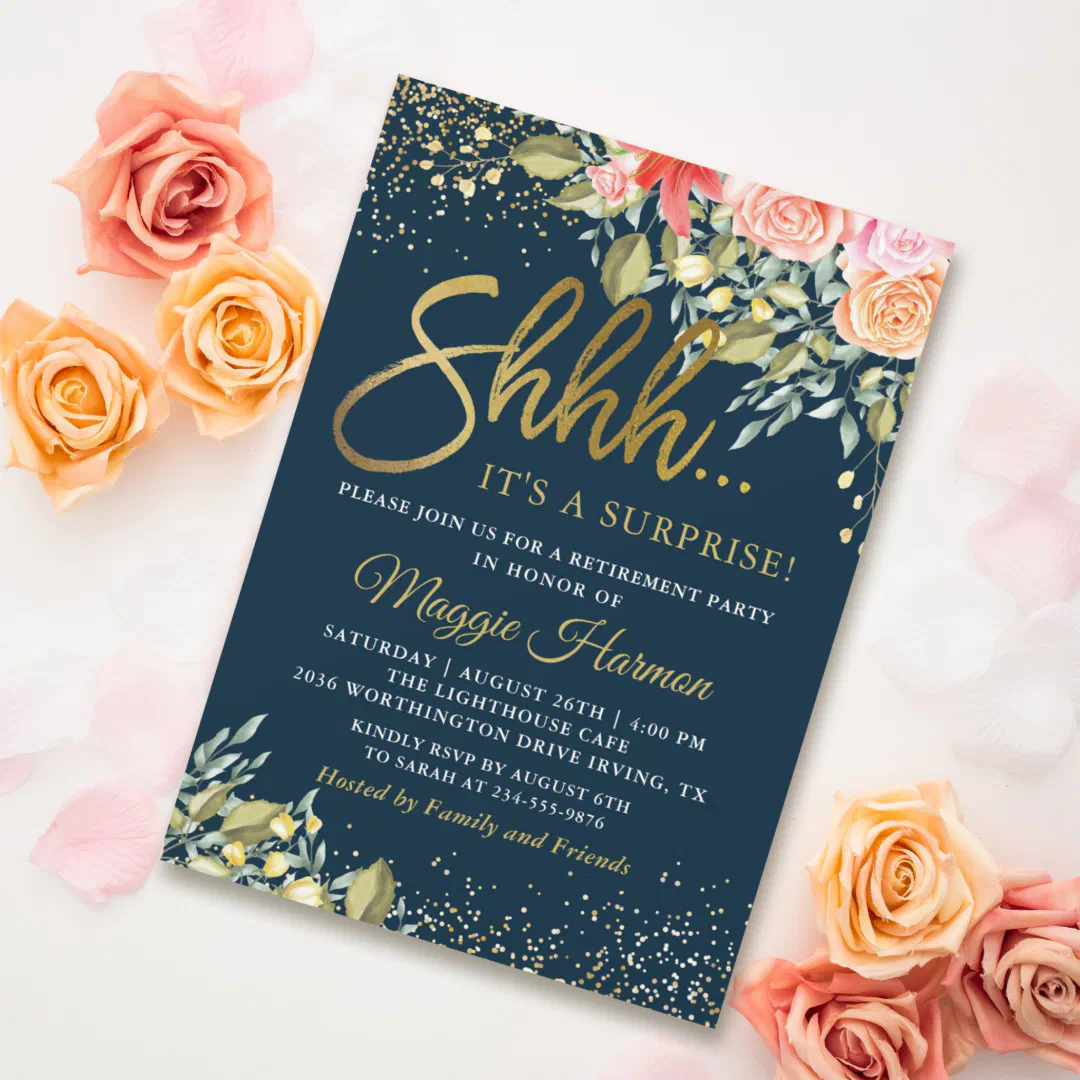 Elegant Floral Blue Gold Surprise Retirement Party Invitation (Creator Uploaded)