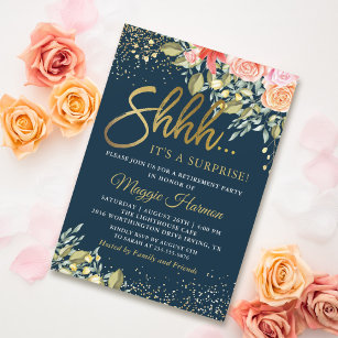 Elegant Floral Blue Gold Surprise Retirement Party Invitation