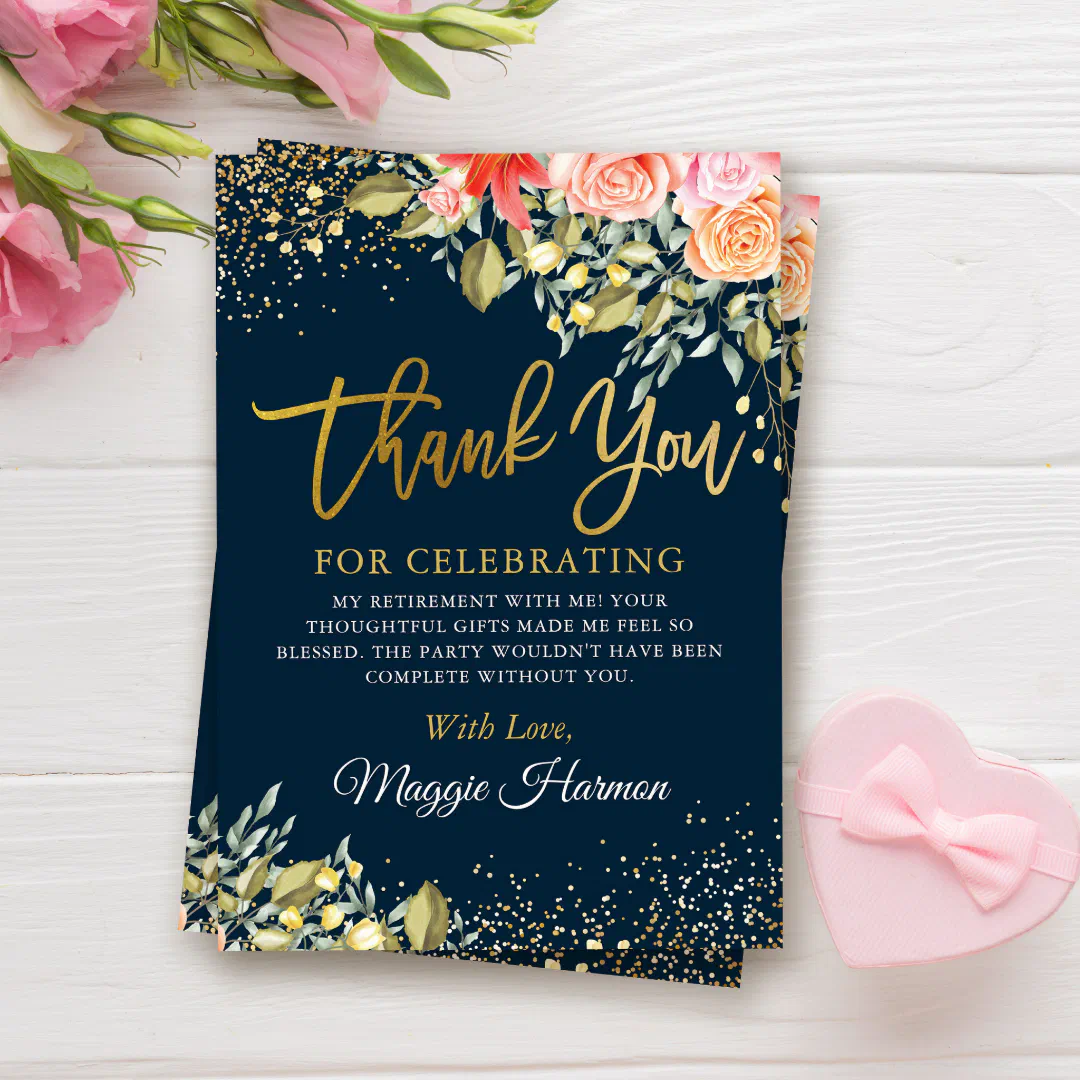 Elegant Floral Blue Gold Surprise Retirement Party Thank You Card (Creator Uploaded)