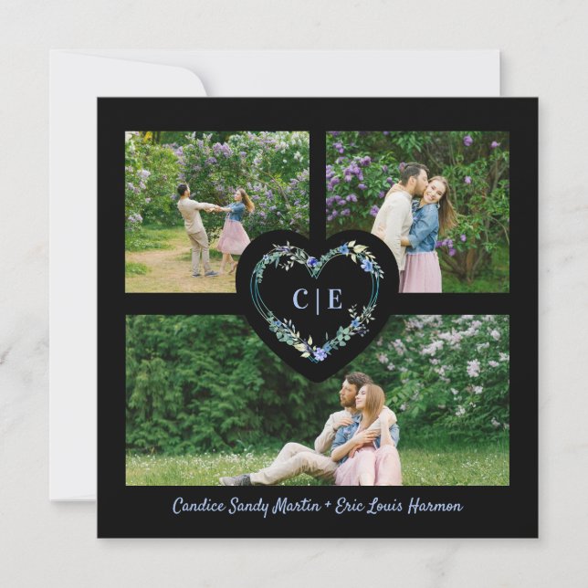 Elegant Floral Blue Heart 3 Photos Engagement Invitation (Front)