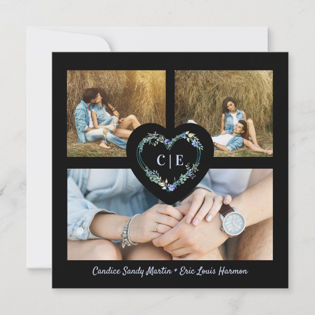 Elegant Floral Blue Heart 3 Photos Instant Engaged Save The Date (Front)