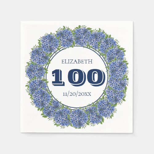 Elegant Floral Blue Hydrangea 100th Birthday Party Napkins