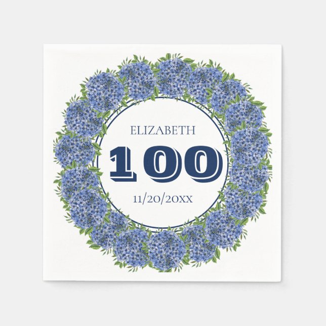 Elegant Floral Blue Hydrangea 100th Birthday Party Napkins (Front)