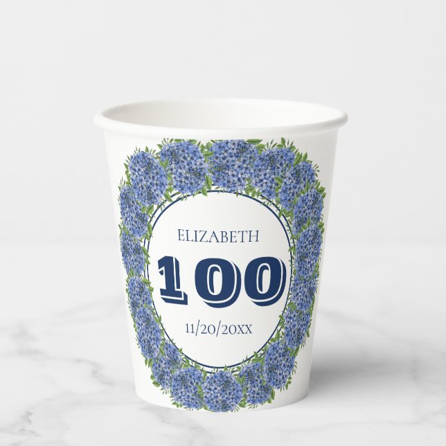 Elegant Floral Blue Hydrangea 100th Birthday Party Paper Cups (Front)