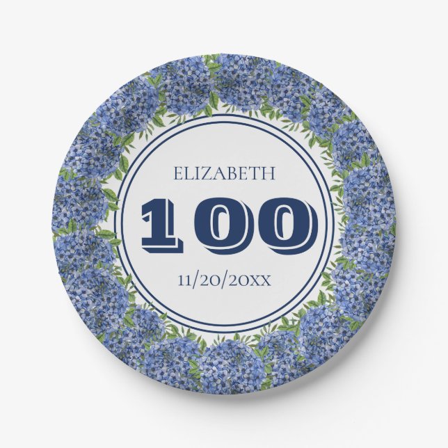 Elegant Floral Blue Hydrangea 100th Birthday Party Paper Plates (Front)